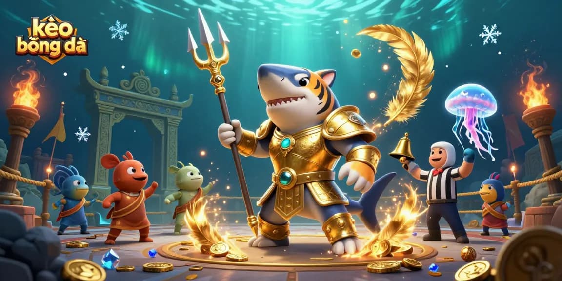 Bet on kèo bóng đá with exciting underwater casino battle scene featuring a fierce tiger shark.