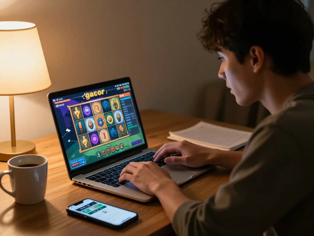 Engaged player enjoying slot gacor online on laptop at home, showcasing strategic gaming.