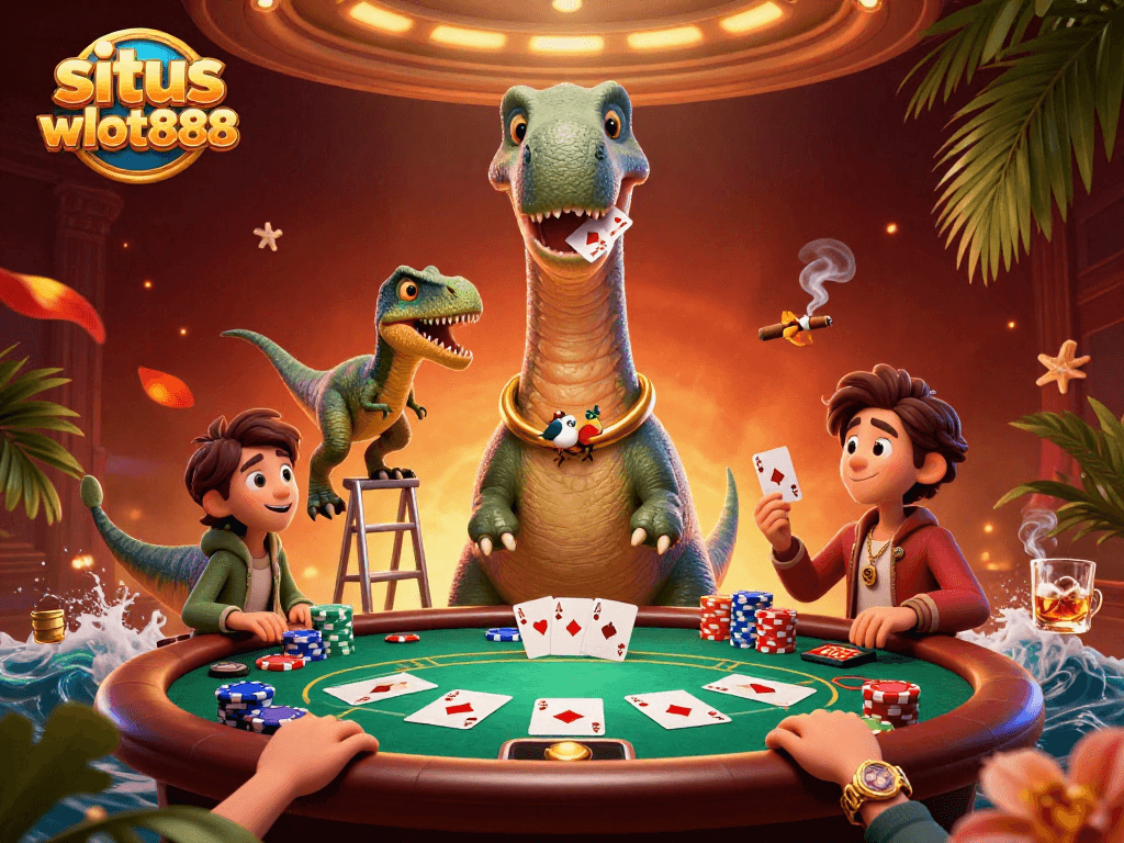 Mainkan game di situs wslot888 dengan brontosaurus lucu dan raptor dealer kartu.