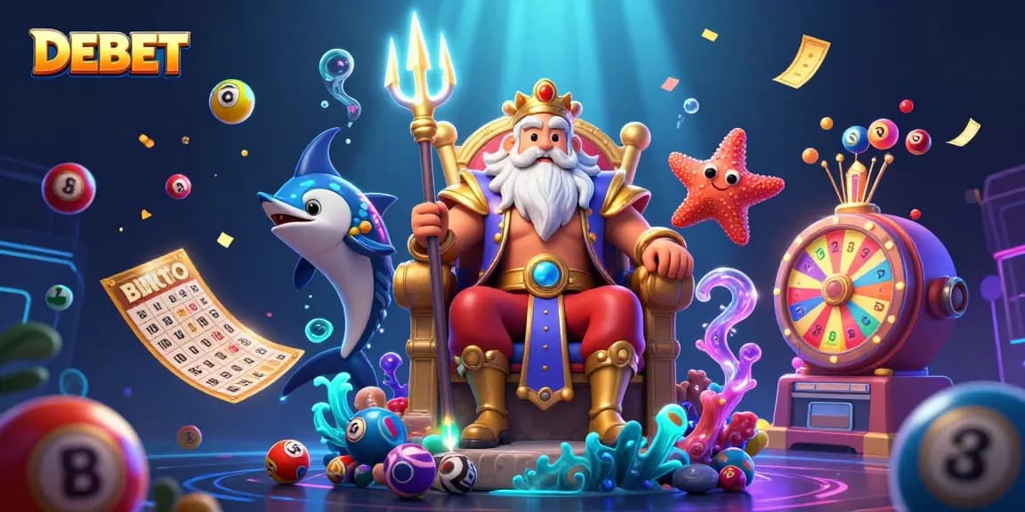 Engage with DEBET's vibrant casino atmosphere featuring Neptune and his gaming treasures.