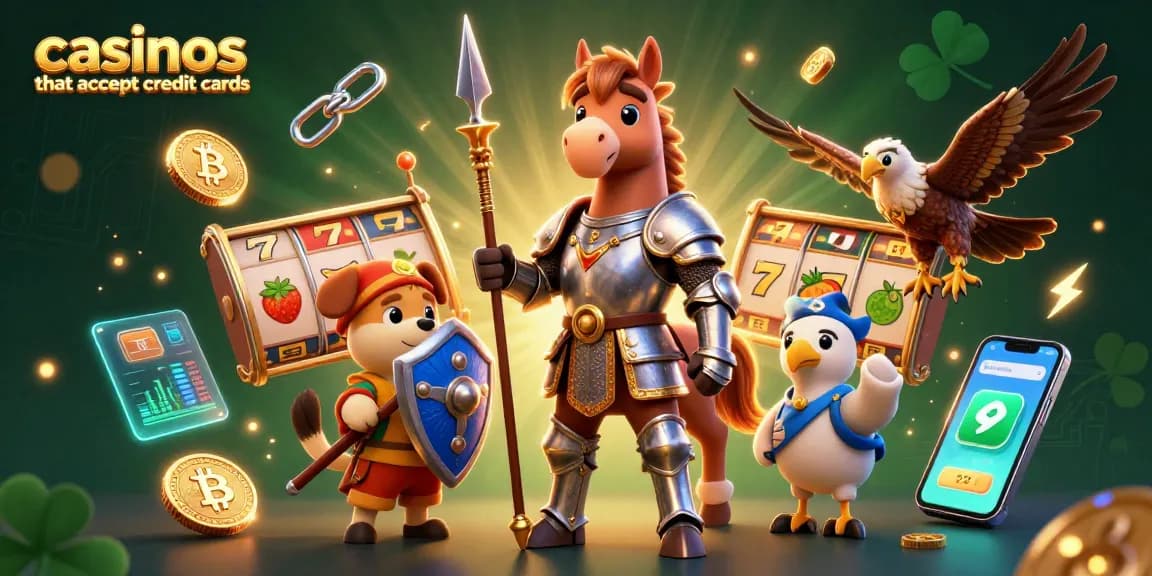 Engaging scene of casinos that accept credit cards showcasing slot reels, a knight, and playful characters.