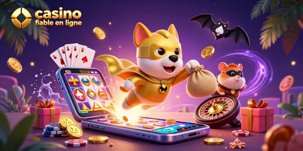 Jouer à des jeux excitants dans un casino fiable en ligne avec un chien animé et un hamster, montrant des machines à sous palpitantes.