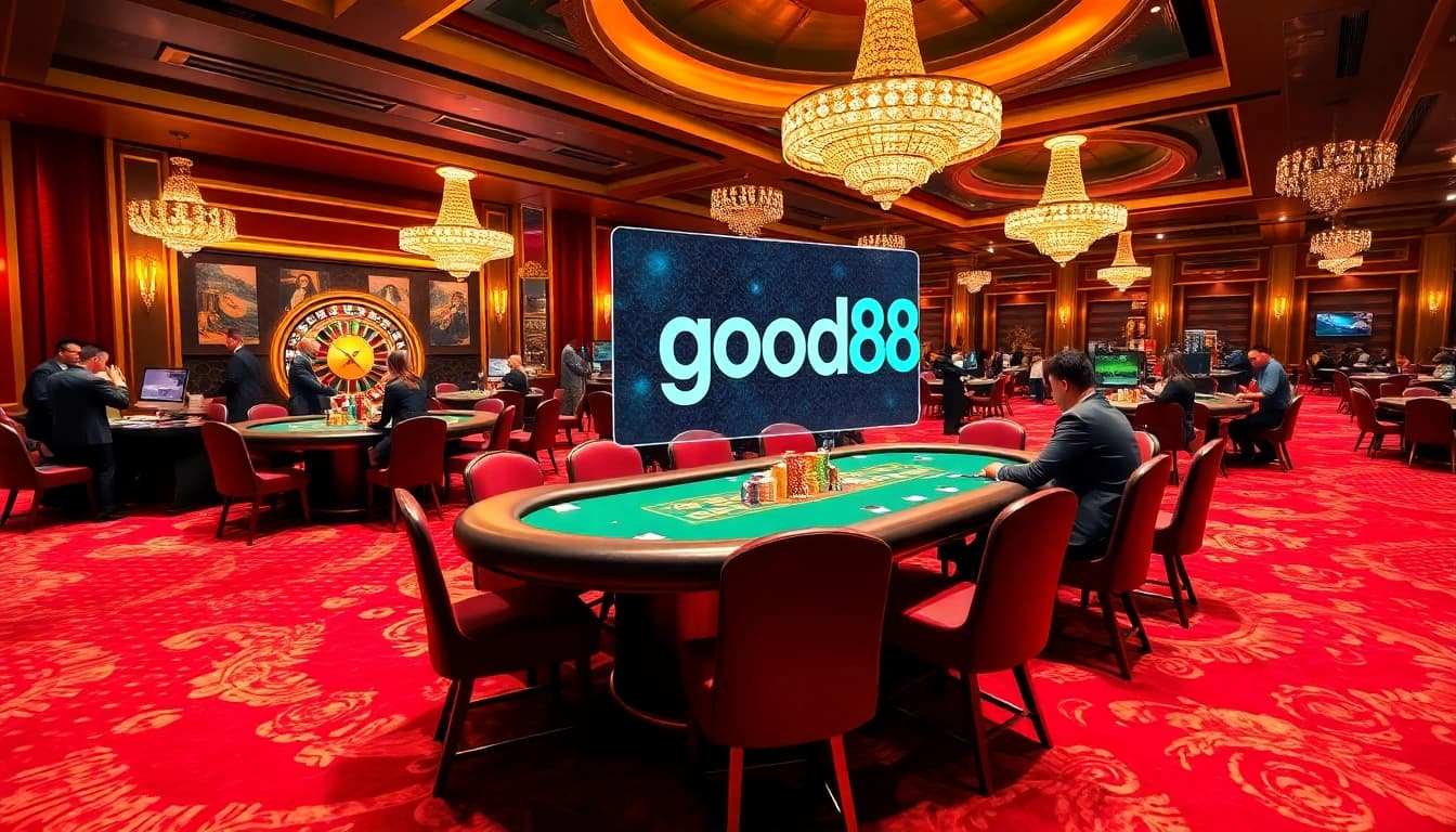 Engaged players at a good88 poker table with vibrant casino ambiance and betting excitement.