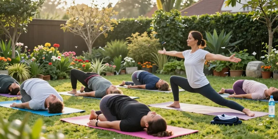 Yoga instructor leading outdoor class in serene garden setting, see more details on wellness practices.