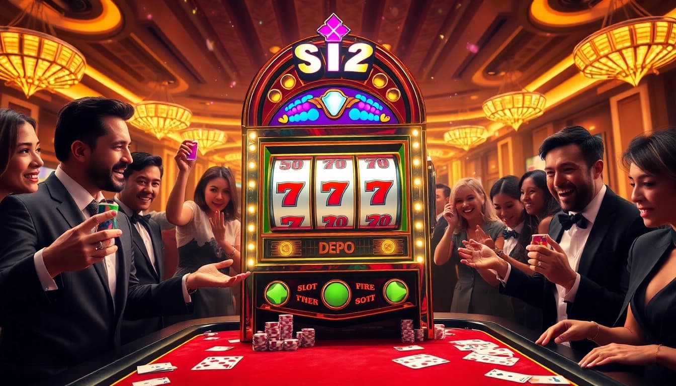 Players celebrating wins at the Slot Depo 5rb machine in a vibrant casino setting.