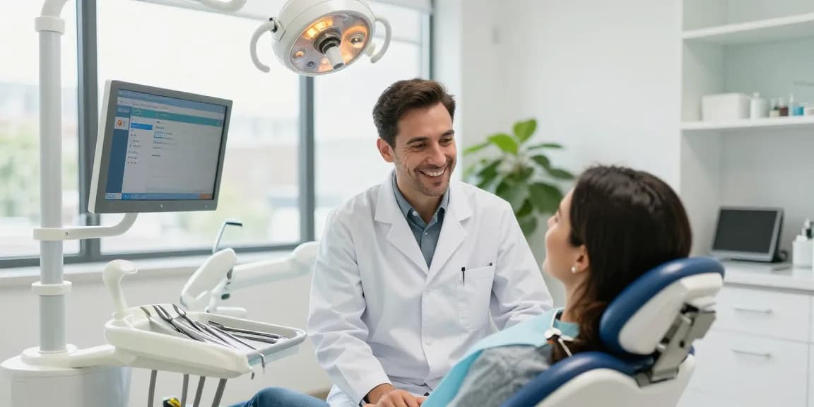 Discover more here with a friendly dentist consulting a patient in a modern dental clinic.