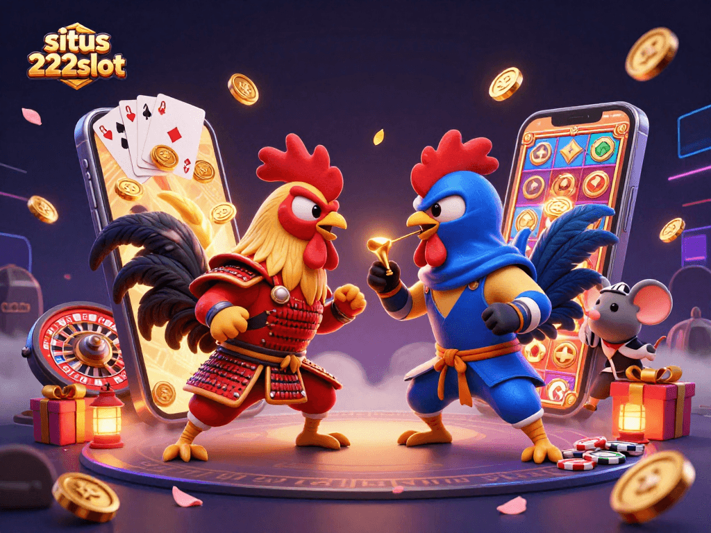Rasakan keseruan bermain di situs 222slot dengan ilustrasi roosters bertarung melawan backdrop slot games yang meriah.