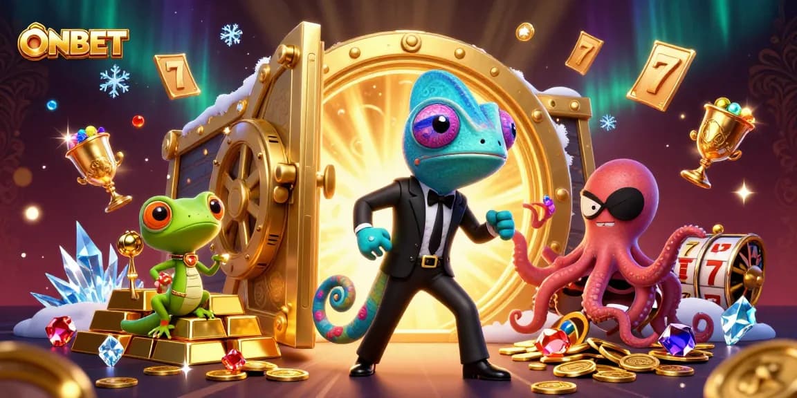Experience thrilling gaming action with ONBET's 3D casino scene featuring colorful characters and dazzling treasures.