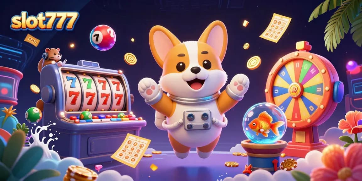 Experience thrilling gameplay with slot777 as a corgi astronaut navigates a lively casino in zero gravity.
