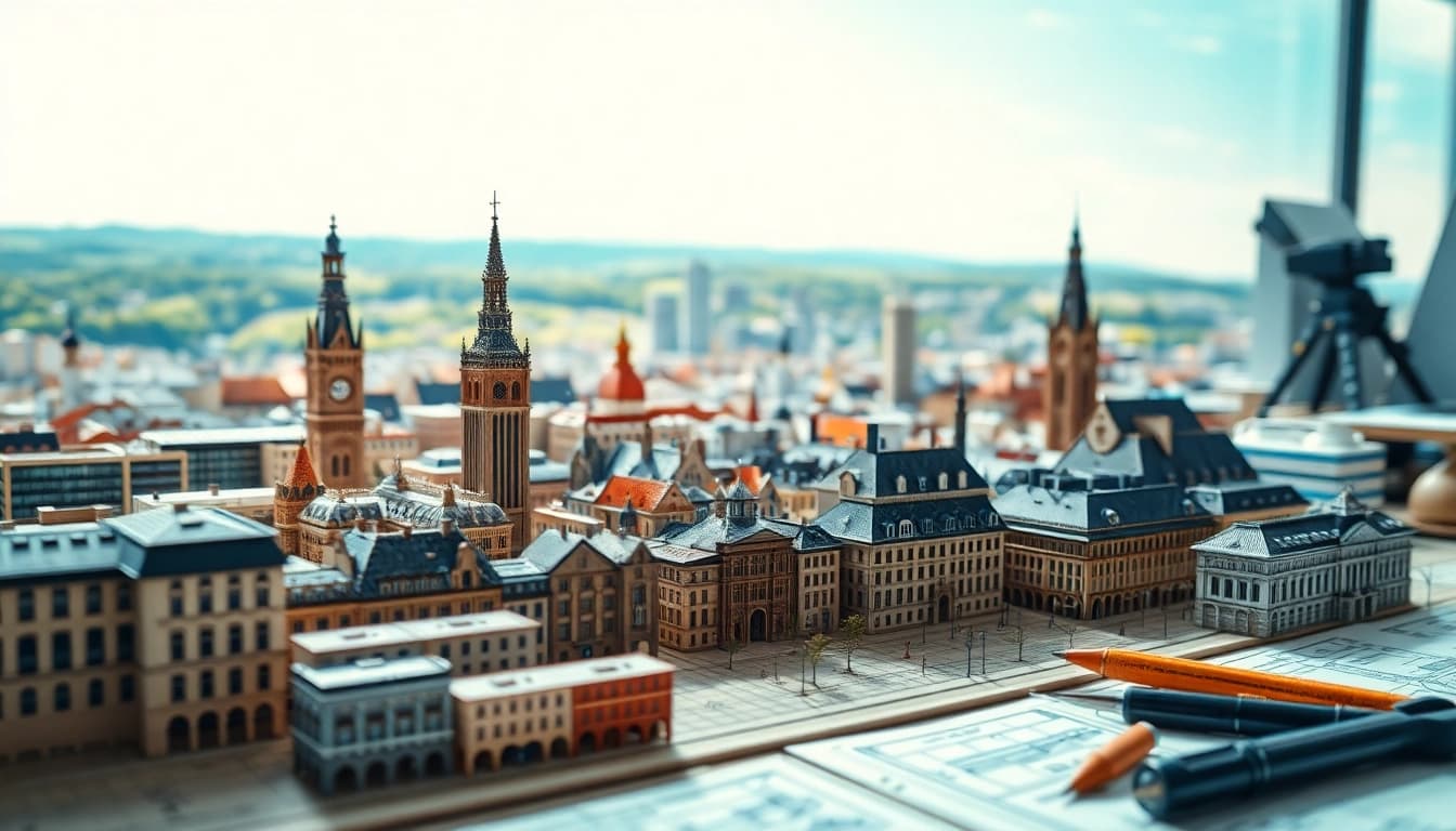 Architekturmodellbau Aachen zeigt detailliertes Stadtdesign in einem kreativen Rahmen.