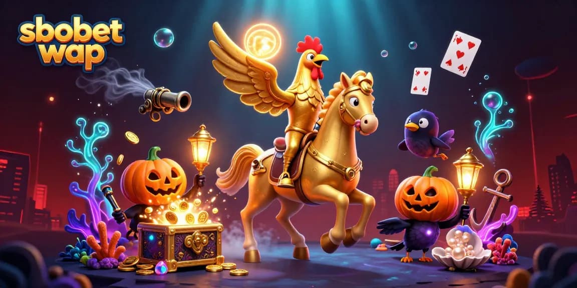 Experience sbobet wap with a dynamic scene of a golden rooster riding through a vibrant casino.