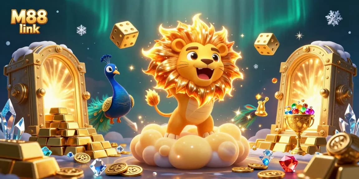 Bet on your luck with M88 link in a vibrant 3D illustration of casino riches and winning symbols.