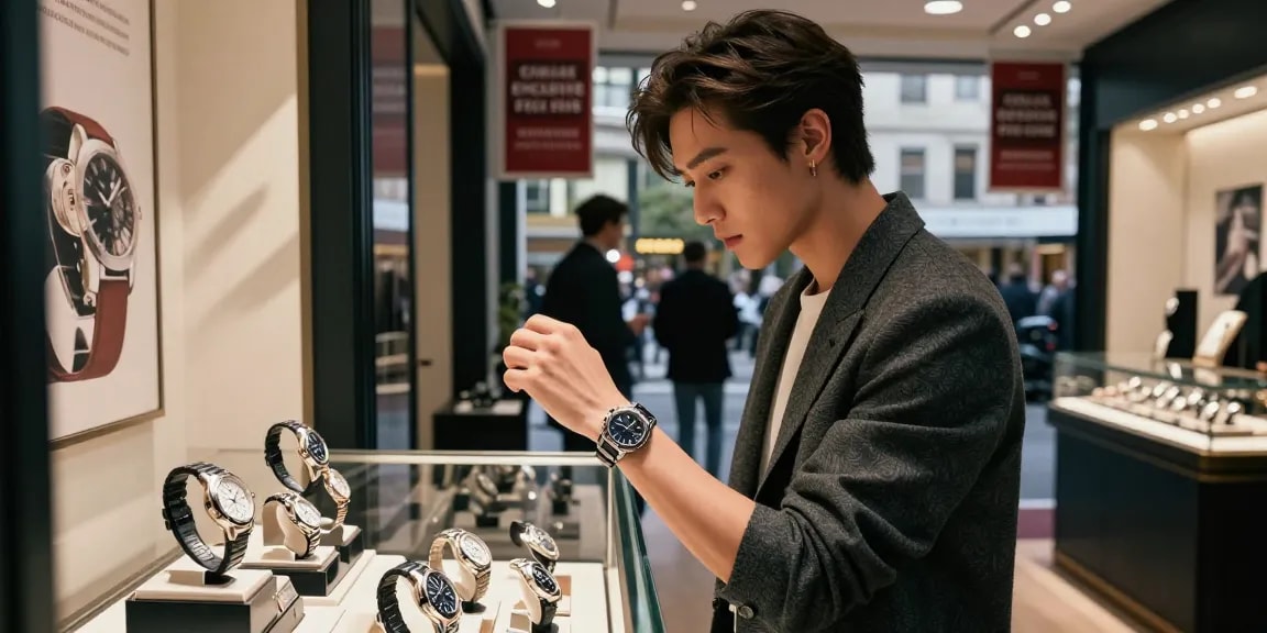 Stylish individual showcasing a luxury replica watch while browsing in an upscale watch boutique.