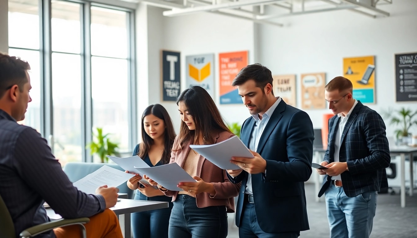 Dynamic scene of TOEIC test takers for hire collaborating in an office setting.