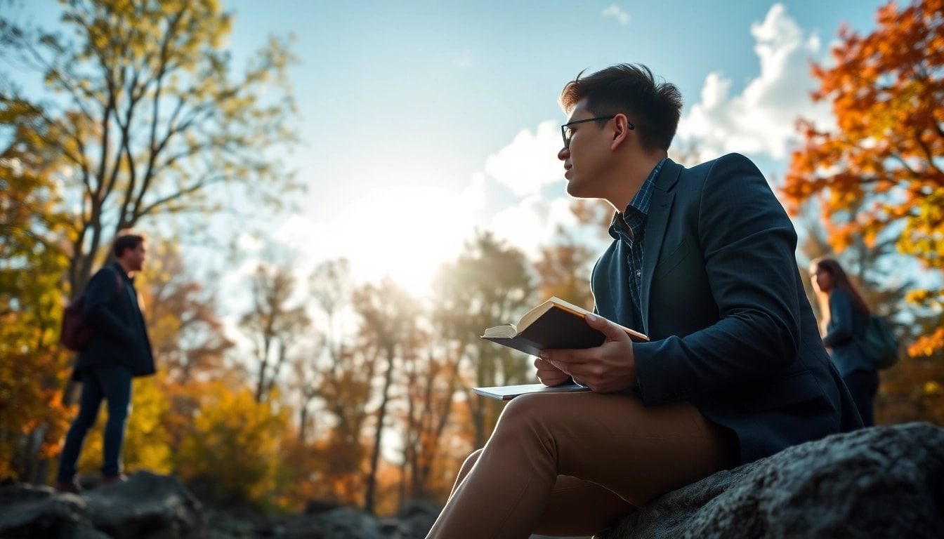 Finding one's true calling while reflecting in a serene natural setting.