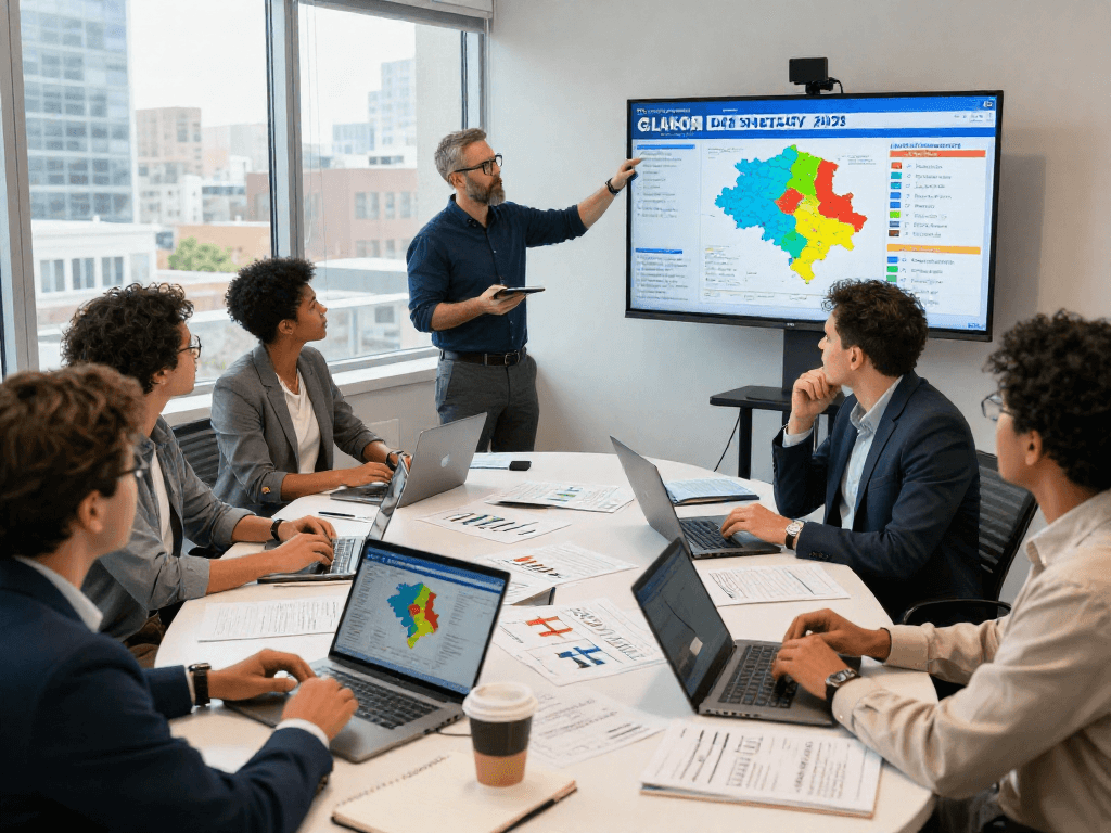 Campaign strategists using rapid response for campaigns data in collaborative strategy meeting.