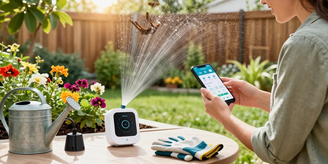 Homeowner utilizing RainPoint WiFi to manage garden watering efficiently.