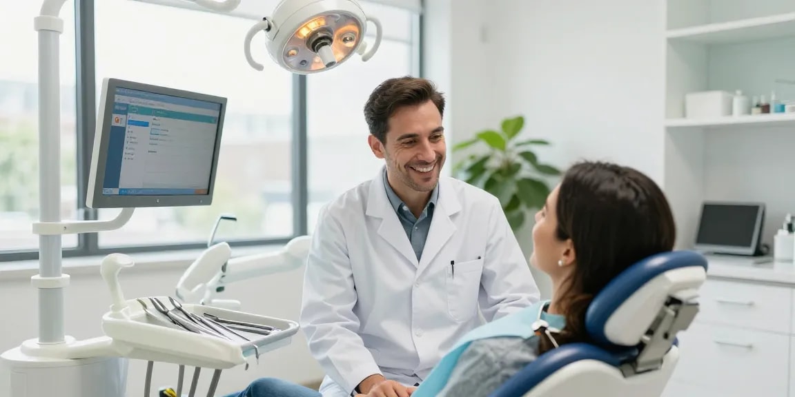 Discover more here with a friendly dentist consulting a patient in a modern dental clinic.