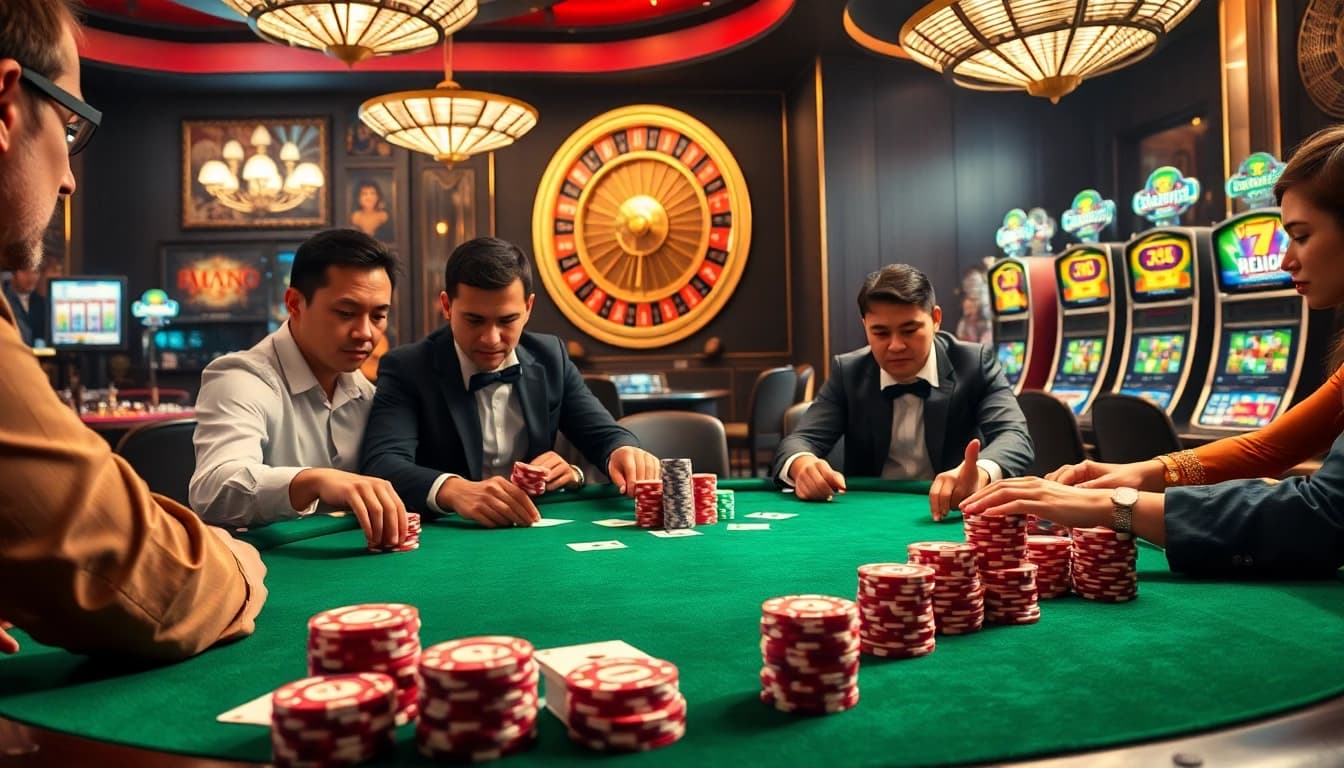 Intense poker gameplay at mm88 casino featuring vibrant chips and luxurious ambiance.
