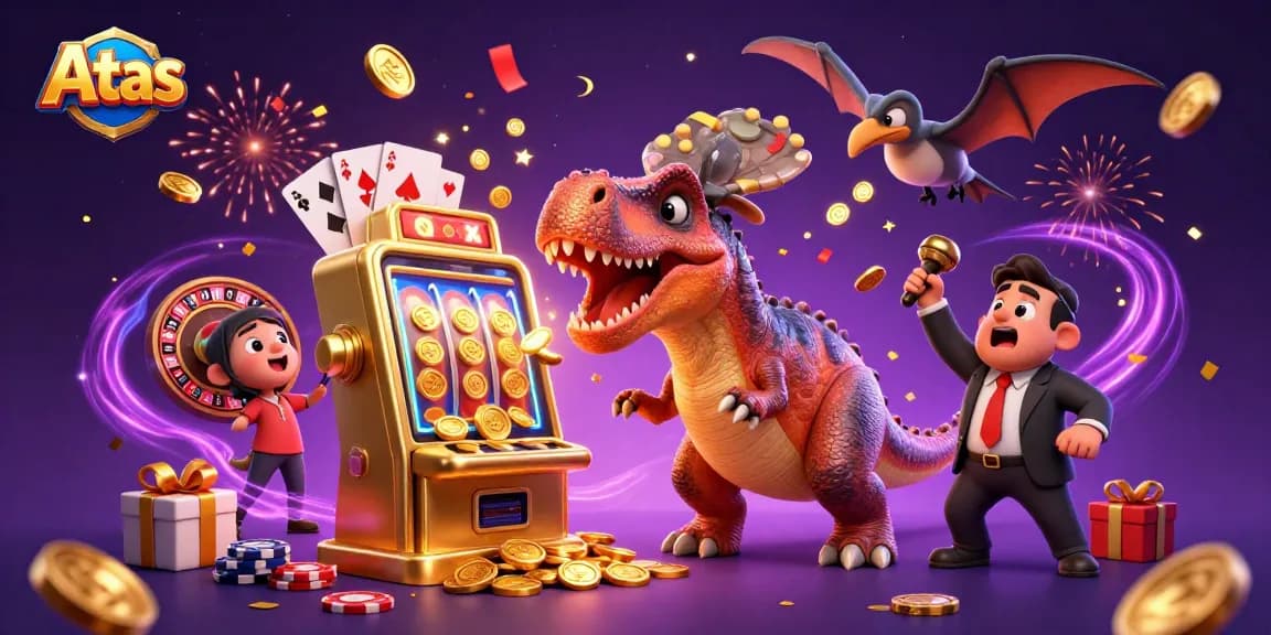 Atas casino features a pachycephalosaurus winning jackpot coins in vibrant, action-packed illustration.