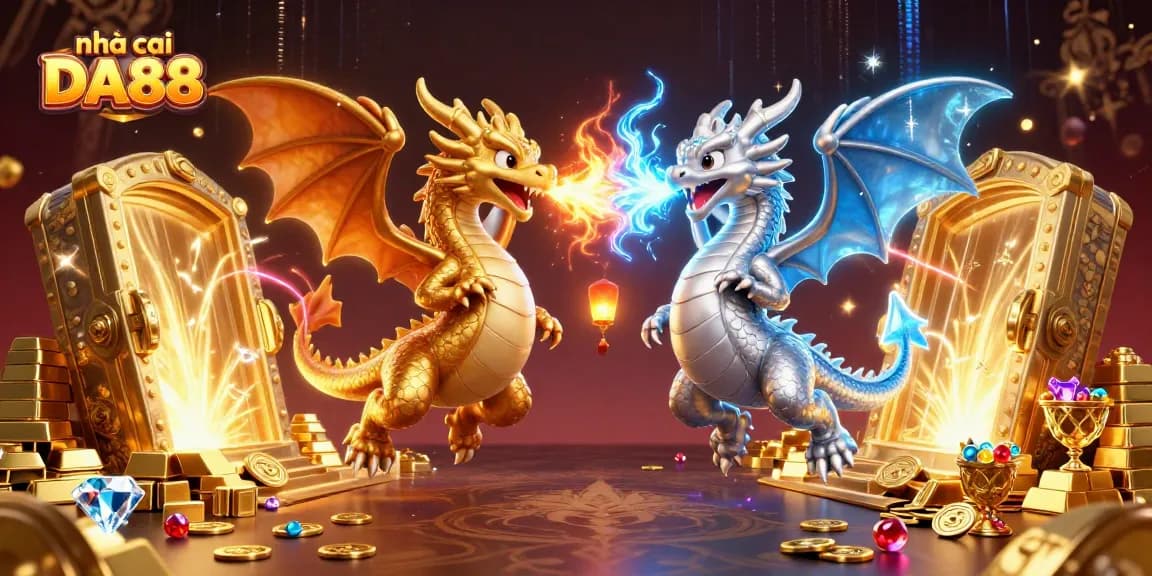 Experience the excitement of nhà cái DA88 with dynamic dragons and treasures in a vibrant casino scene.