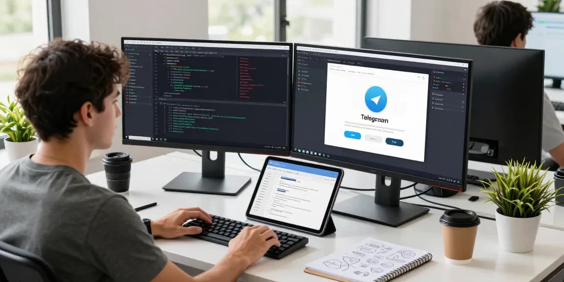 Developer using 纸飞机中文版 on dual monitors in a bright tech workspace, showcasing modern coding tools and collaborative work.