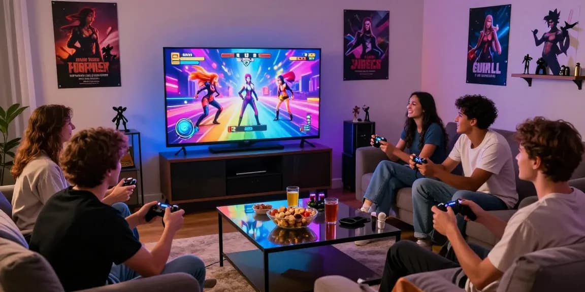 Friends enjoying a multiplayer sex game in a cozy living room setting.