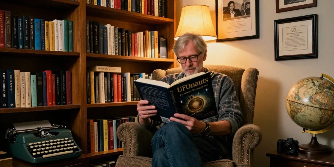 T. Allen Greenfield in his reading nook holding 'UFOnauts' at https://tallengreenfield.com, showcasing a cozy and intellectual atmosphere.