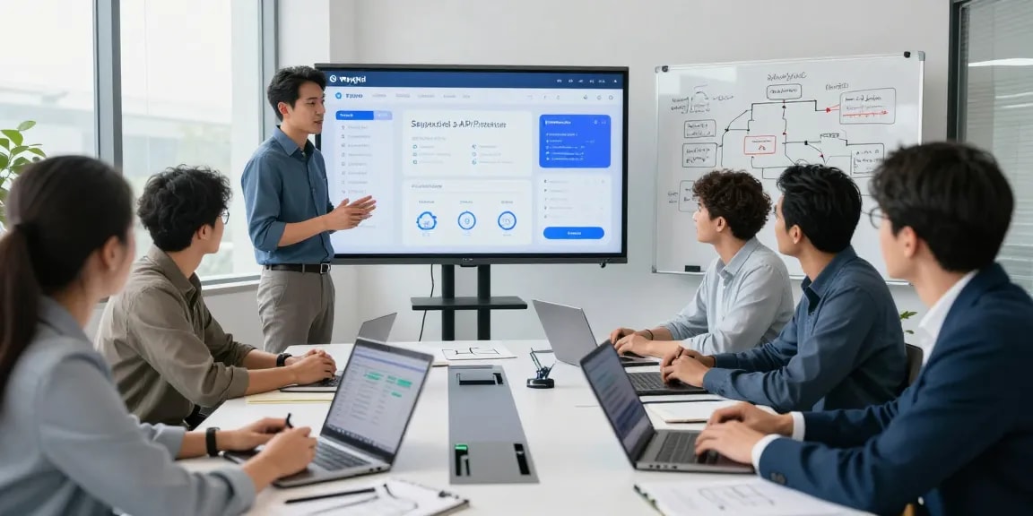 Waygrid solutions engineer showcasing API management features during a client meeting in a modern tech workspace.