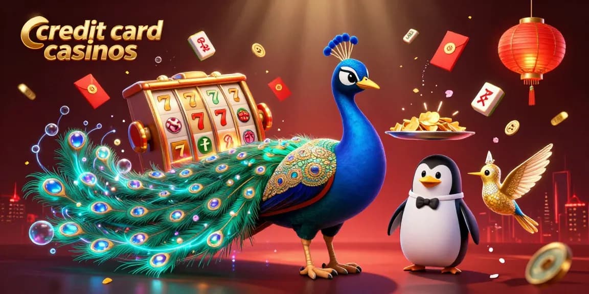 Experience the excitement of credit card casinos with vibrant game elements and characters in a spectacular illustration.