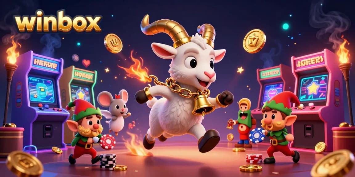 Winbox features a chaotic casino scene with Krampus, angel mouse, and elf gremlins stealing chips.