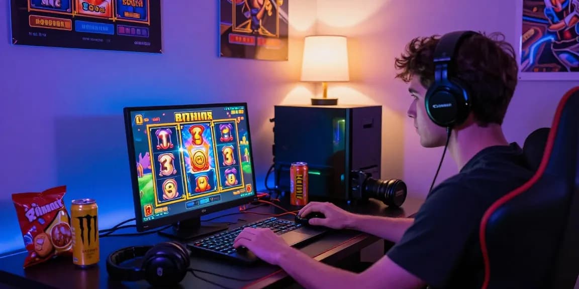 Exciting gameplay scene showcasing new bonus buy slots on a laptop with vibrant visuals, immersive gaming setup.
