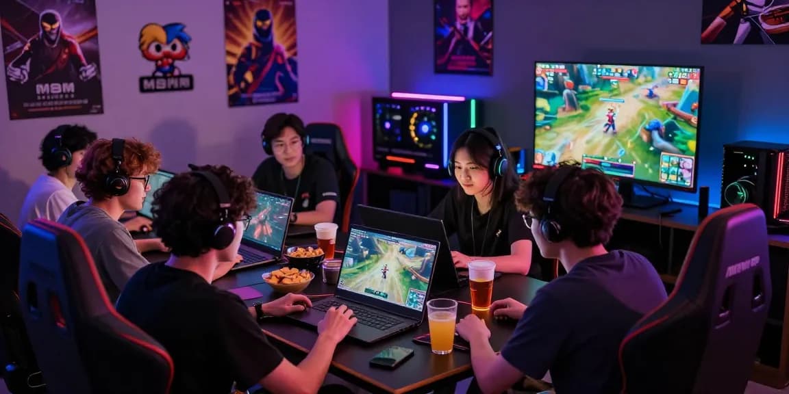 Engaging online gaming scene showcasing friends enjoying MBM娛樂 on a laptop with vibrant visuals and snacks.