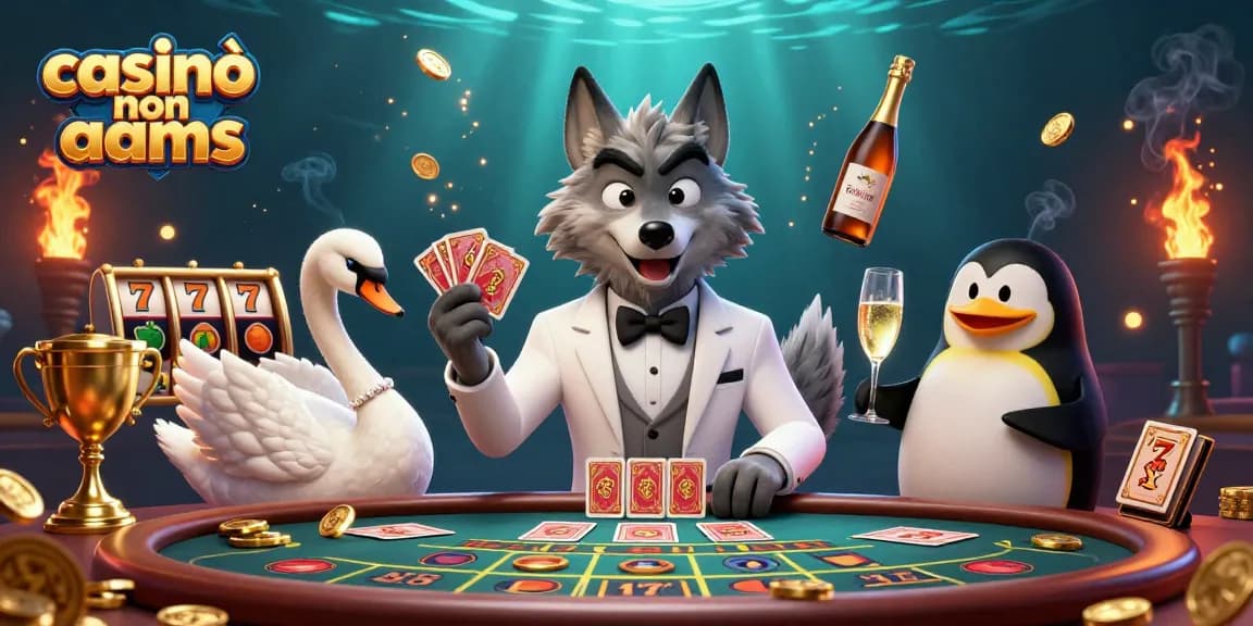 Scena di casinò non aams con un lupo elegante, un cigno raffinato e un sommelier pinguino che condividono esperienze di casinò esaltanti.