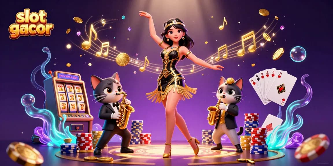Experience the thrill of slot gacor with vibrant casino characters amidst spinning reels and golden coins.