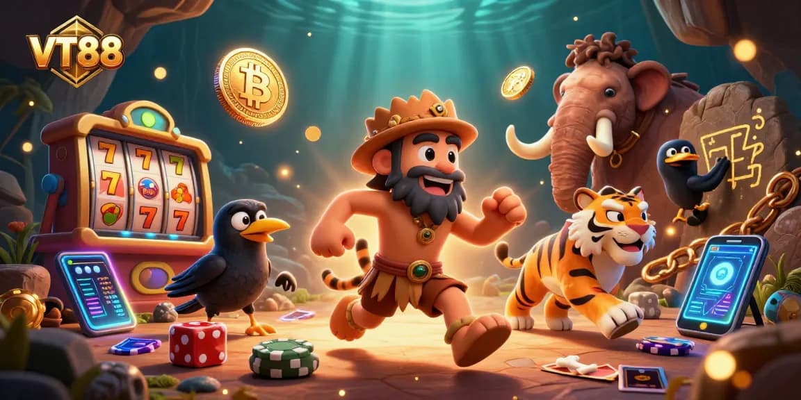 Engage with VT88 at a vibrant prehistoric casino, featuring slot reels and crypto elements.