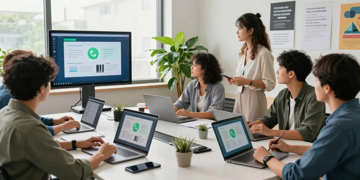 A diverse team collaborating using WhatsApp電腦版 in a modern office setting.