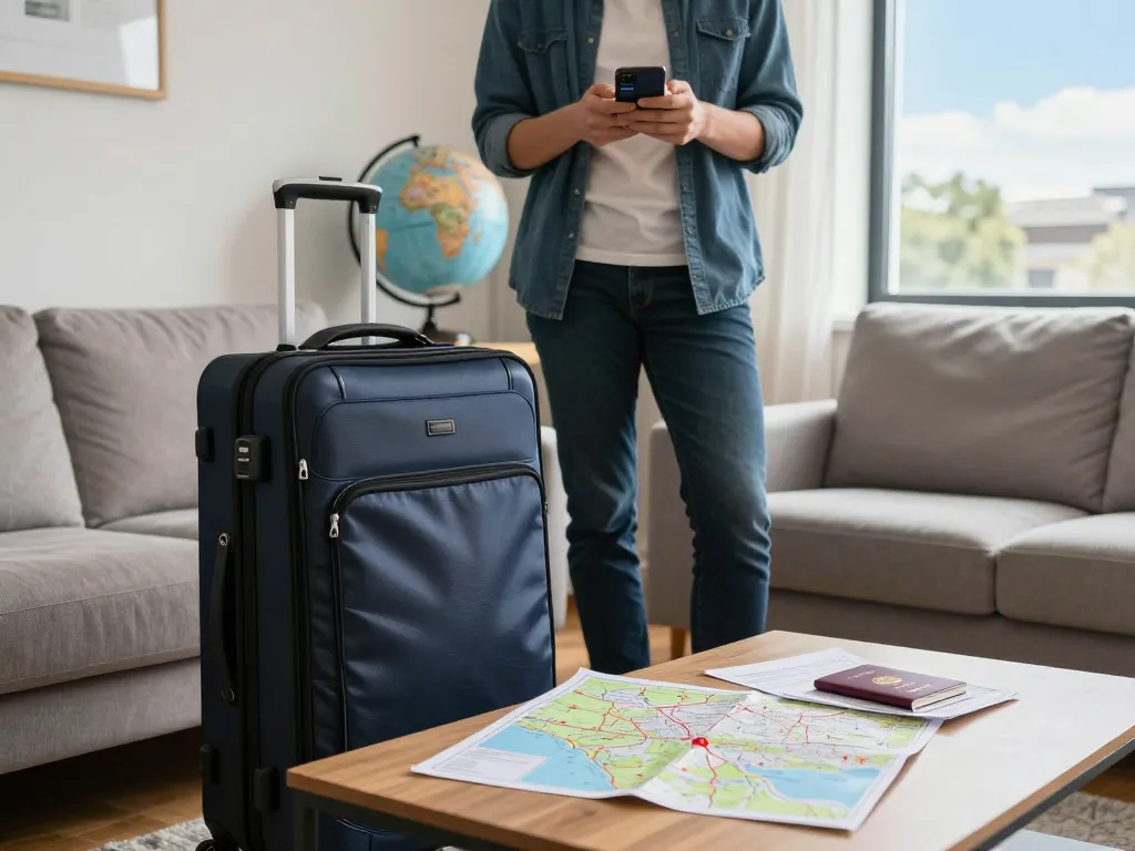 Liverpool John Lennon Airport from Halifax traveler packing for their trip, with maps and documents in a cozy setting.