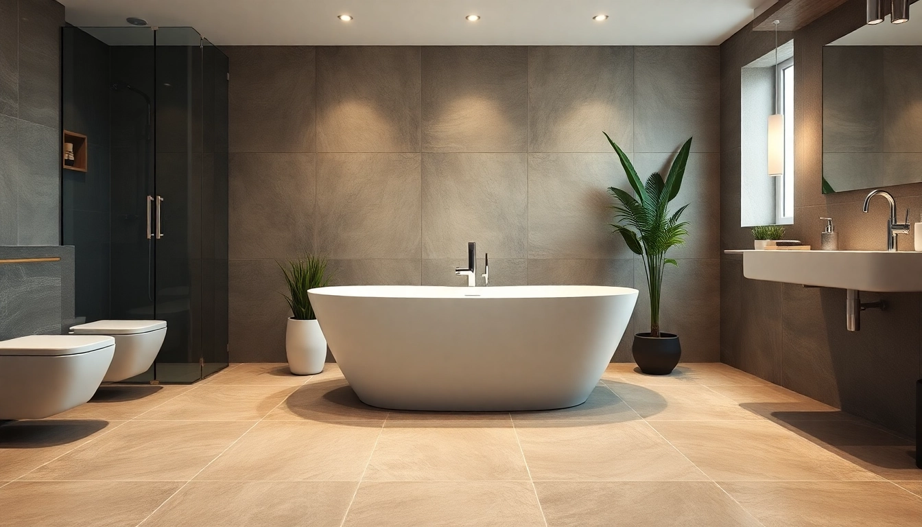 Stunning bathroom renovation Manchester highlighting modern design with freestanding tub.