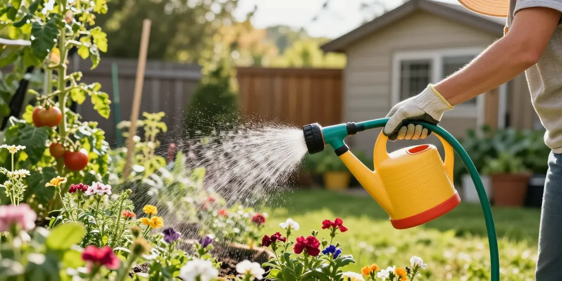 Gardener using the best hose nozzle to water vibrant flowers in a sunny backyard garden.