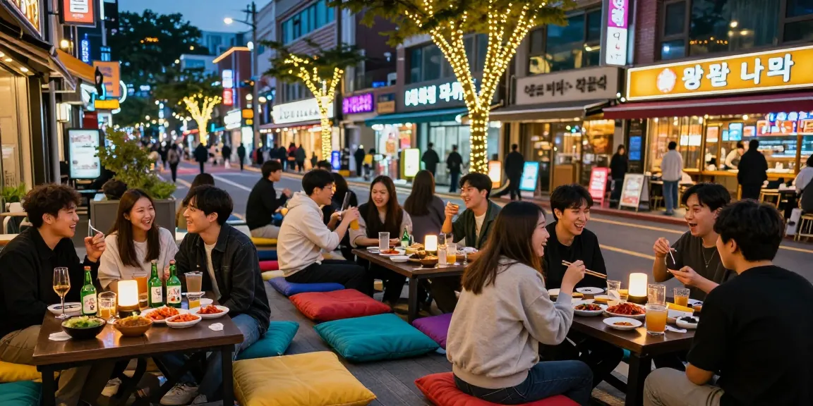 Vibrant nightlife scene showcasing friends at 상봉동 한국관나이트, enjoying drinks under neon lights.