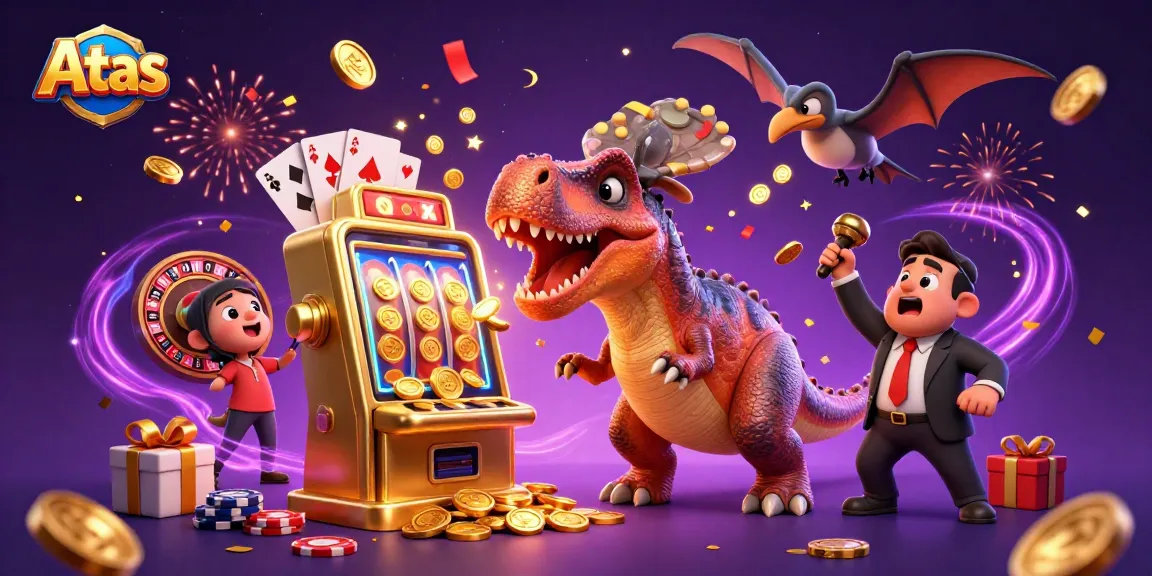 Atas casino features a pachycephalosaurus winning jackpot coins in vibrant, action-packed illustration.