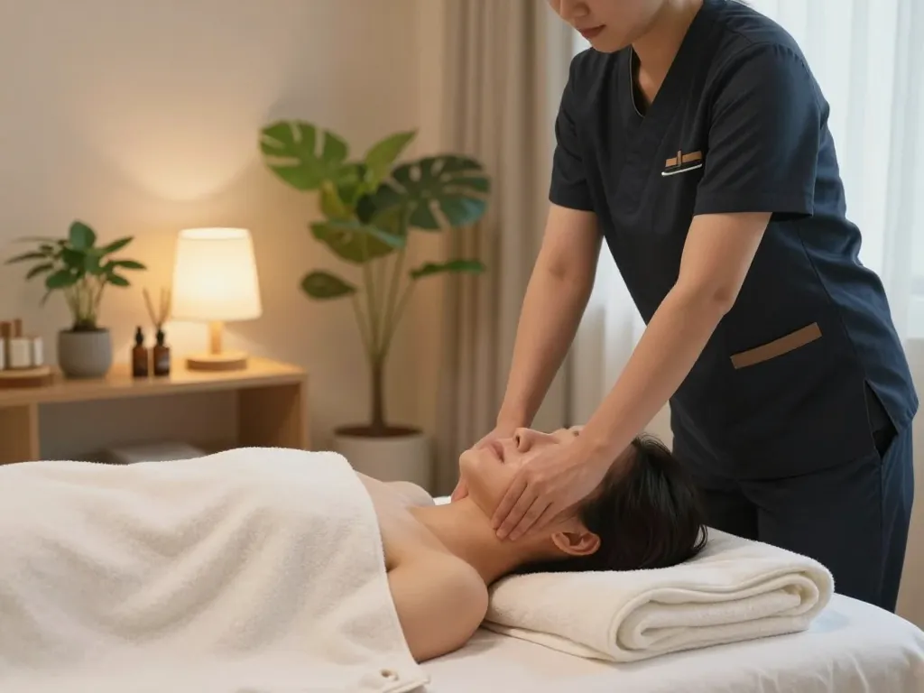 인천 출장마사지 session in a serene hotel room showcasing professional relaxation techniques and calming atmosphere.