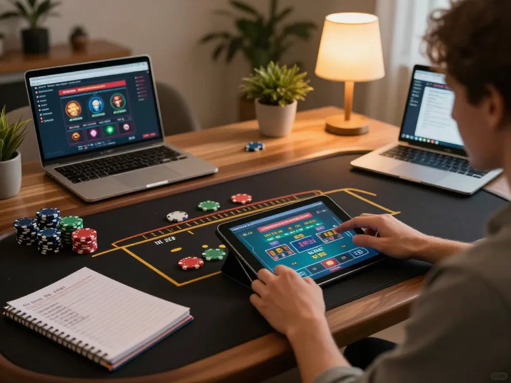 Person using https://ok904.com/ on tablet for online casino gaming, showcasing live dealer action and betting strategies