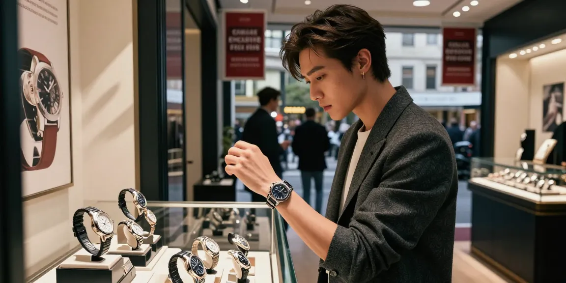 Stylish individual showcasing a luxury replica watch while browsing in an upscale watch boutique.