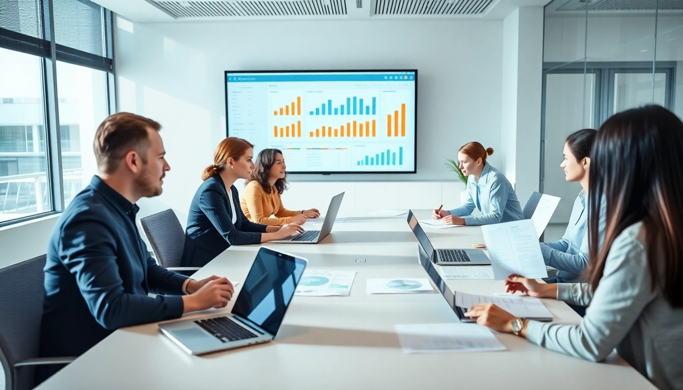 Team engaged in Contract Management, reviewing contracts together at a modern workspace.