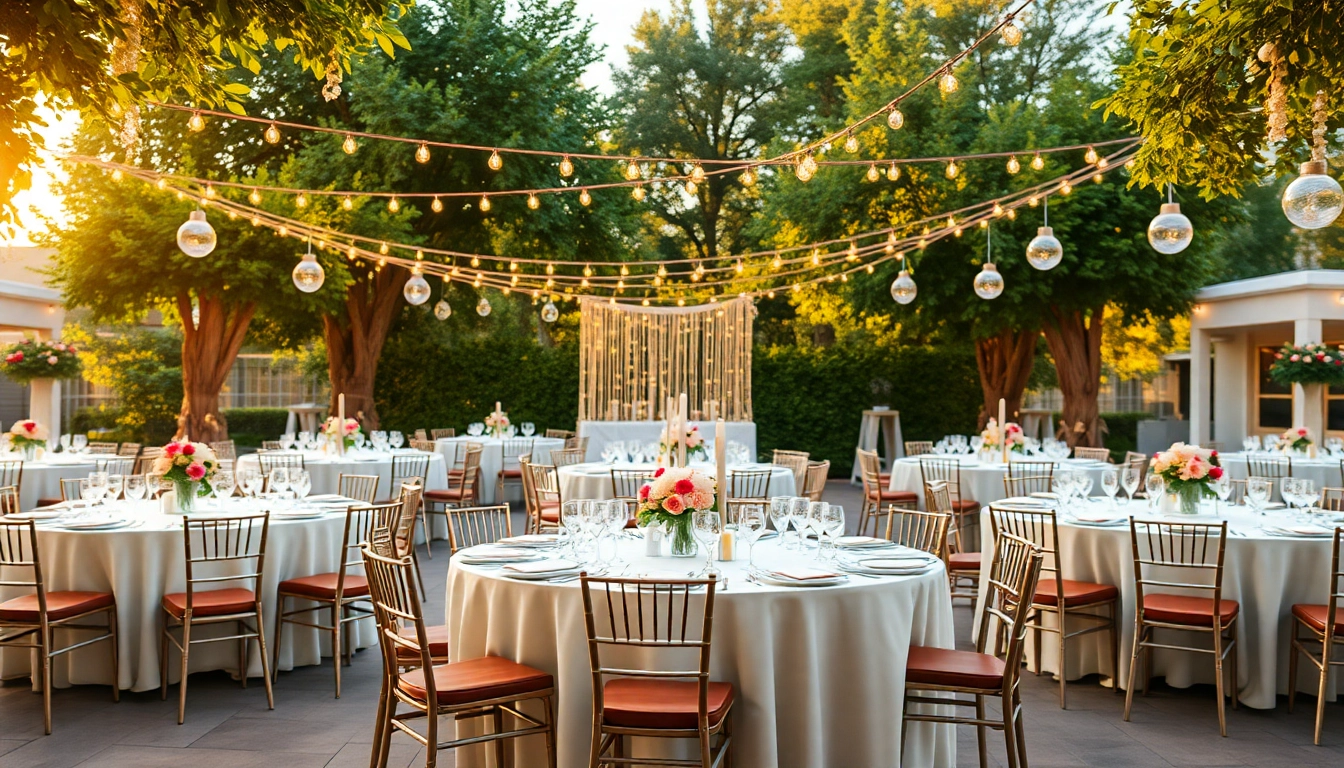 Table Rentals arranged beautifully for an outdoor event with elegant decor and ambiance.