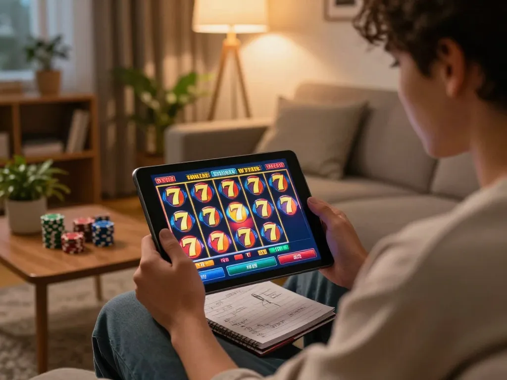 Engaged player enjoying slot777 gameplay on tablet in cozy living room setting.