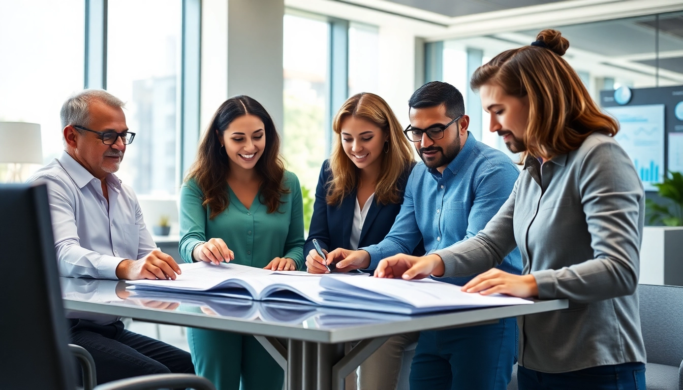 Collaborative team working on Contract Management documents in a bright office.