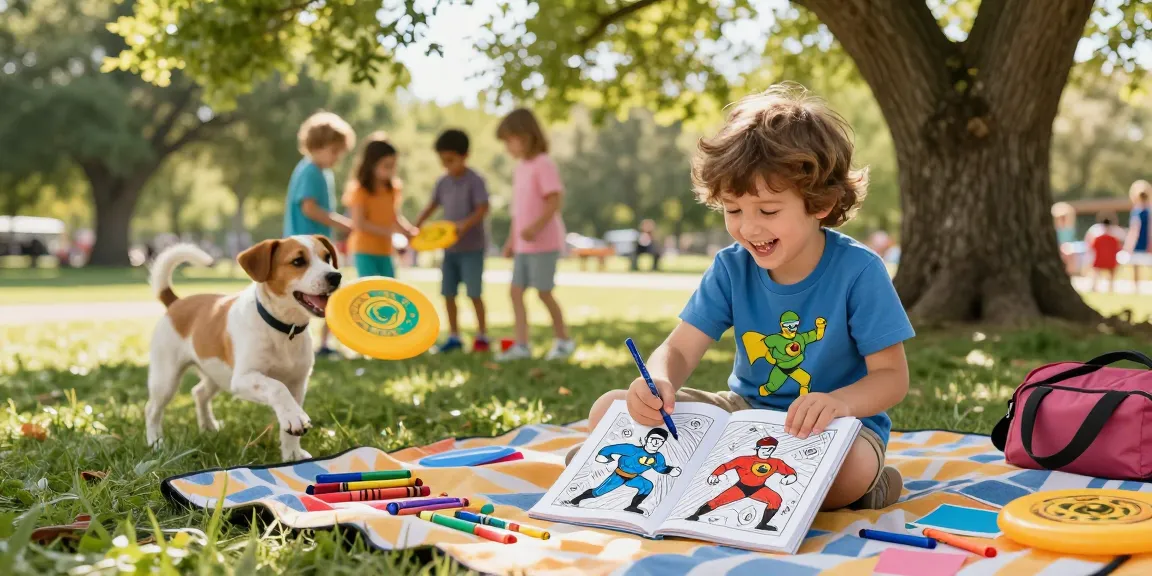 Child coloring superhero pages in a colorful park, surrounded by crayons and a playful puppy.